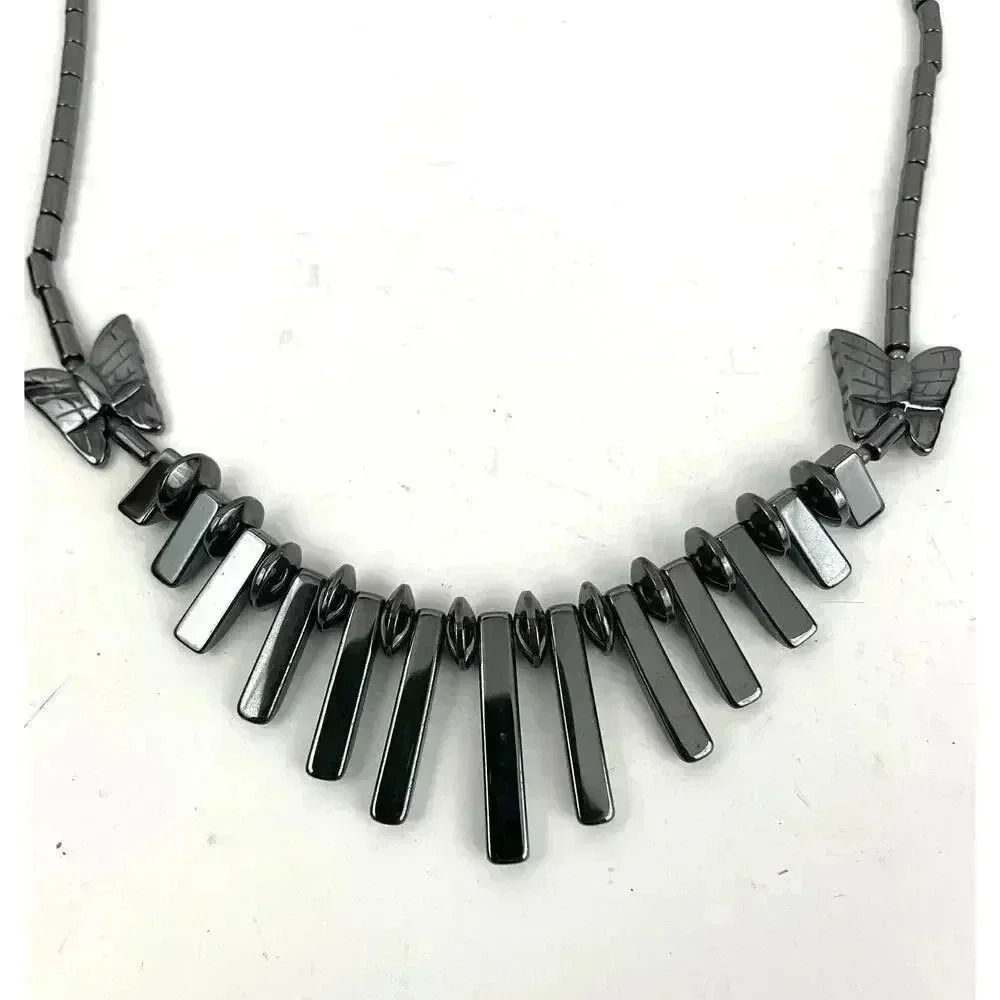 Gray Butterfly‎ Beaded Hematite Stone Graduated Fan Sticks Collar Necklace 16"
